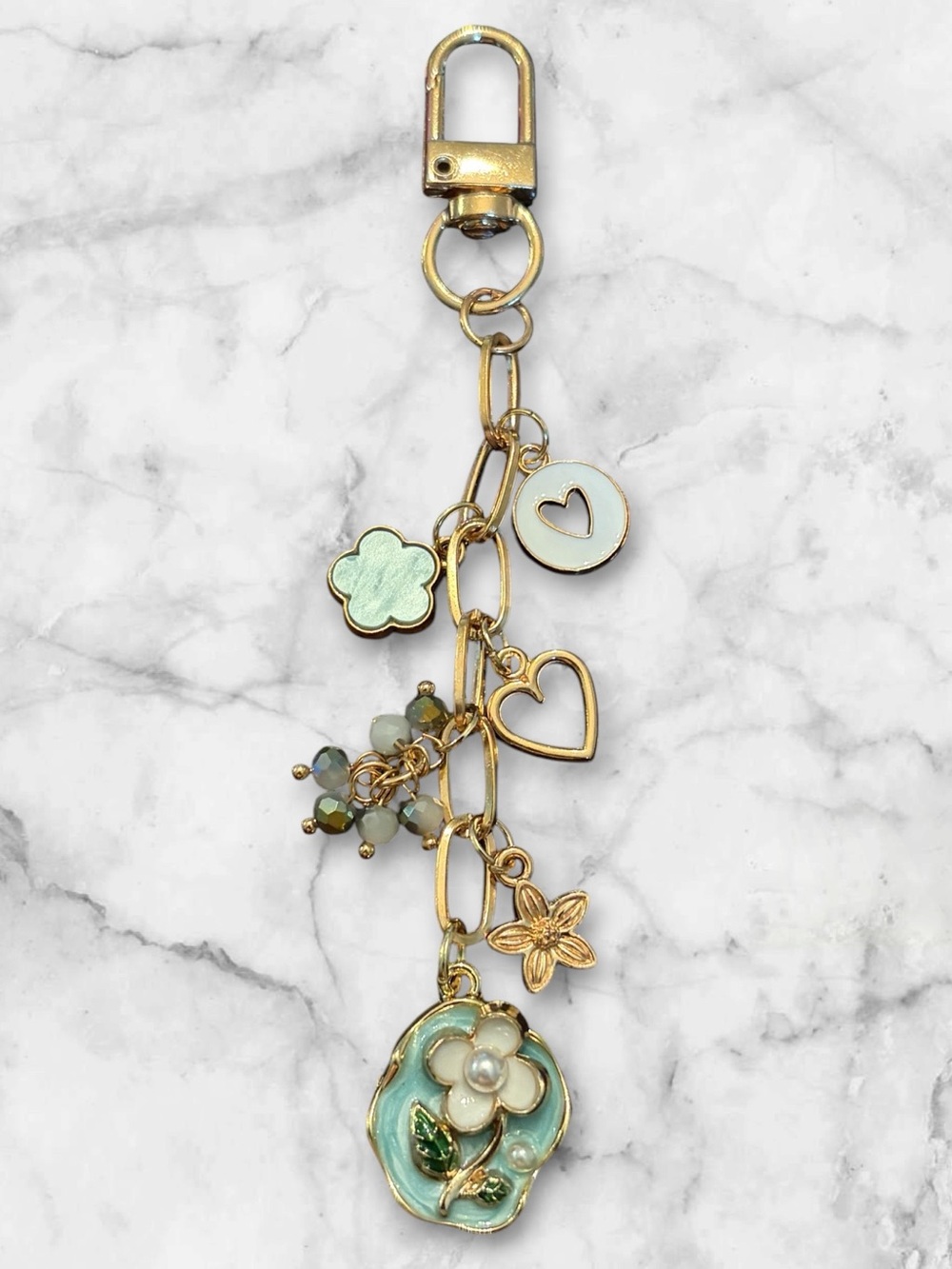 Gold-Tone Mint Floral Charm Keychain with Heart & Clover Accents